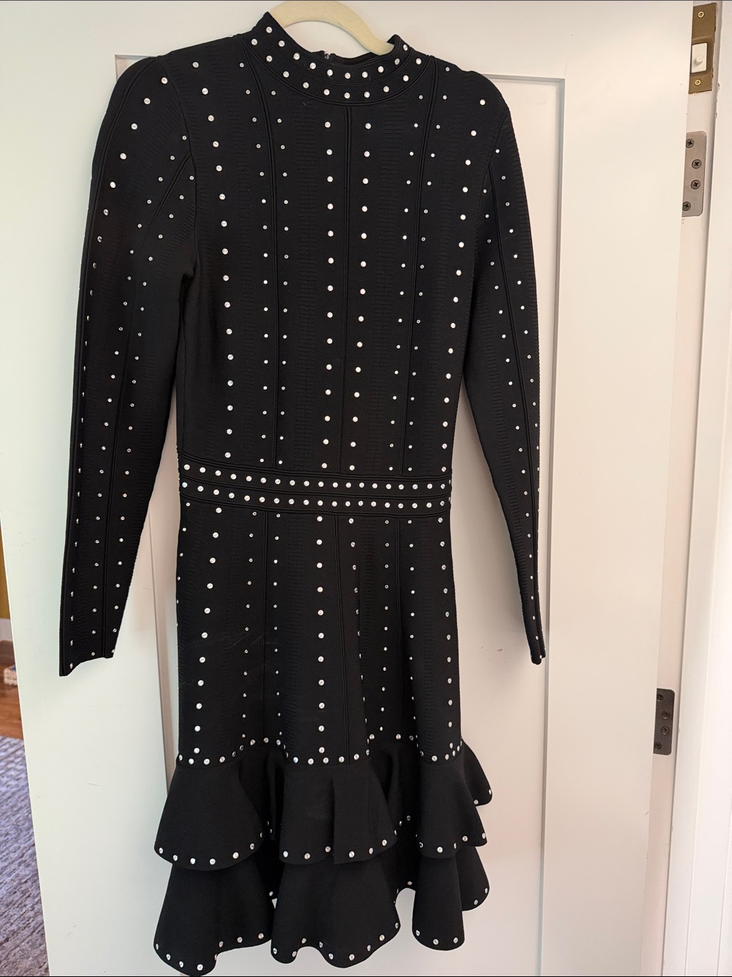 Sandro Knit Black Long-Sleeve Studded Ruffle Dress